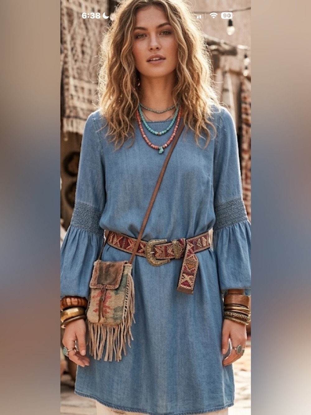 Toponn Blue Tencel Lyocell Chambray Midi Shift Dress Bell Sleeve